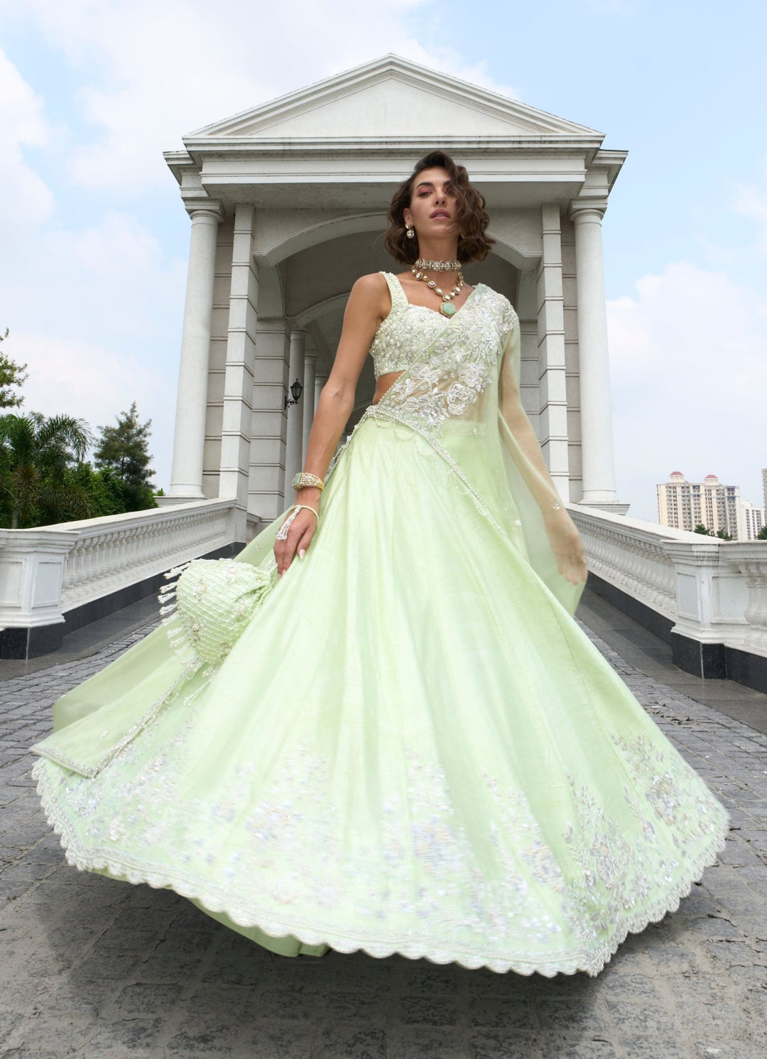 Pastel Green Embroidered Pure Raw Silk Lehenga Set Sanya Gulati - Fabilicious Fashion