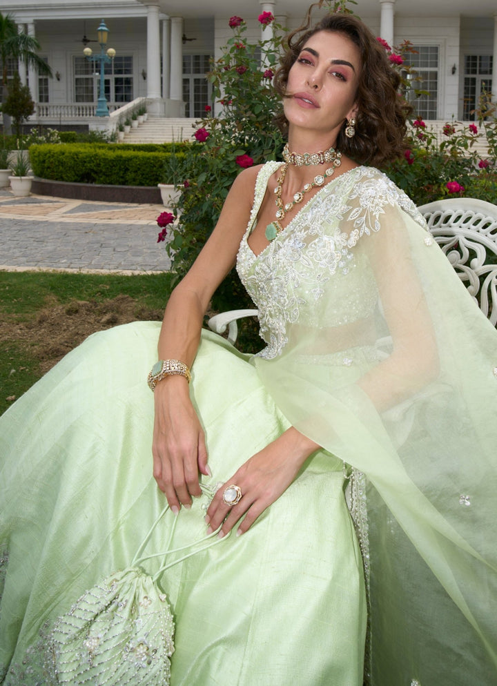 Pastel Green Embroidered Pure Raw Silk Lehenga Set Sanya Gulati - Fabilicious Fashion