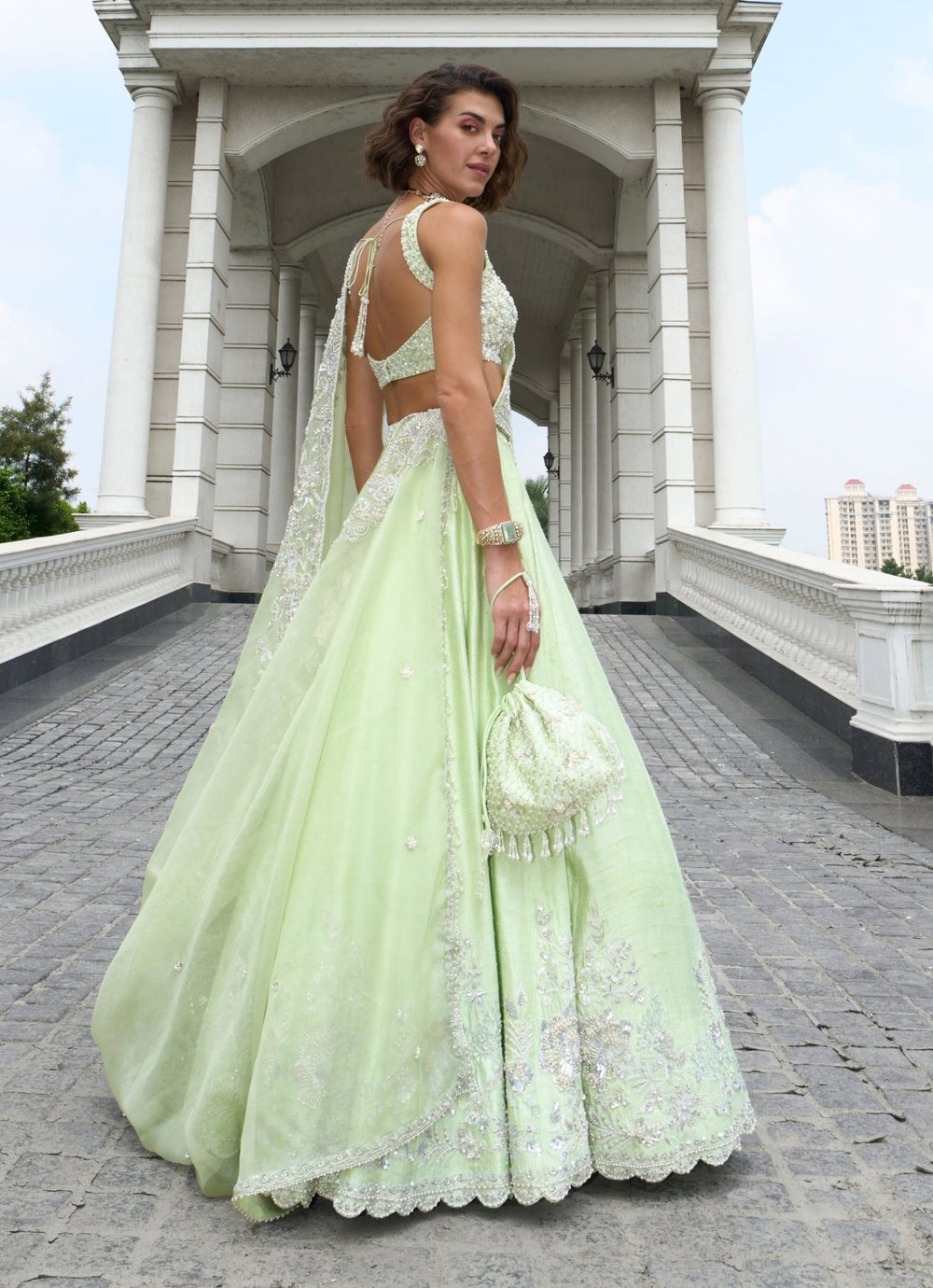 Pastel Green Embroidered Pure Raw Silk Lehenga Set Sanya Gulati - Fabilicious Fashion
