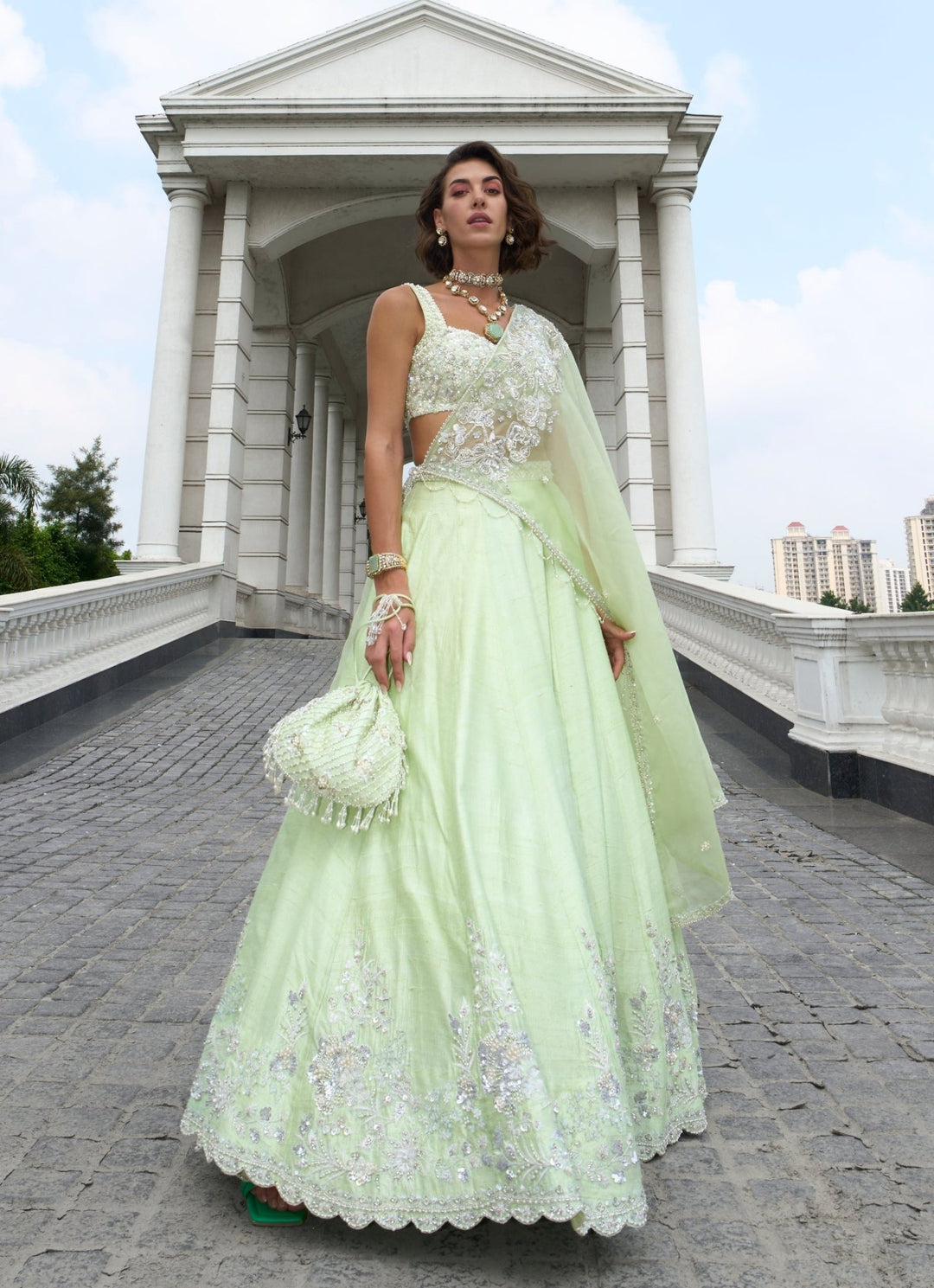 Pastel Green Embroidered Pure Raw Silk Lehenga Set Sanya Gulati - Fabilicious Fashion