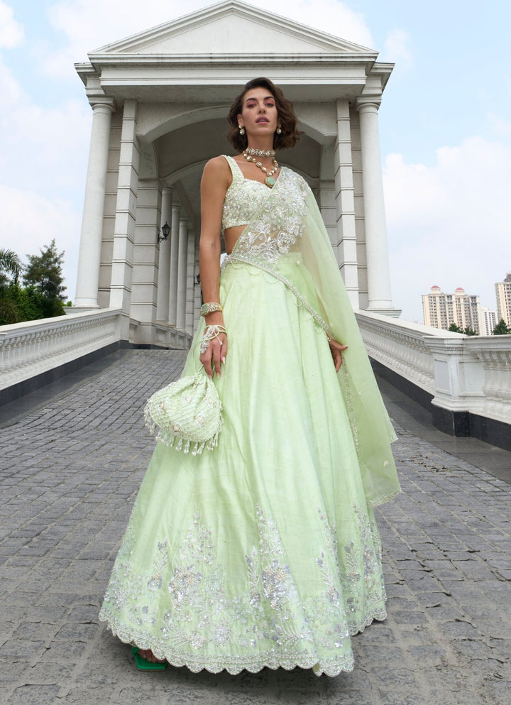 Pastel Green Embroidered Pure Raw Silk Lehenga Set Sanya Gulati - Fabilicious Fashion