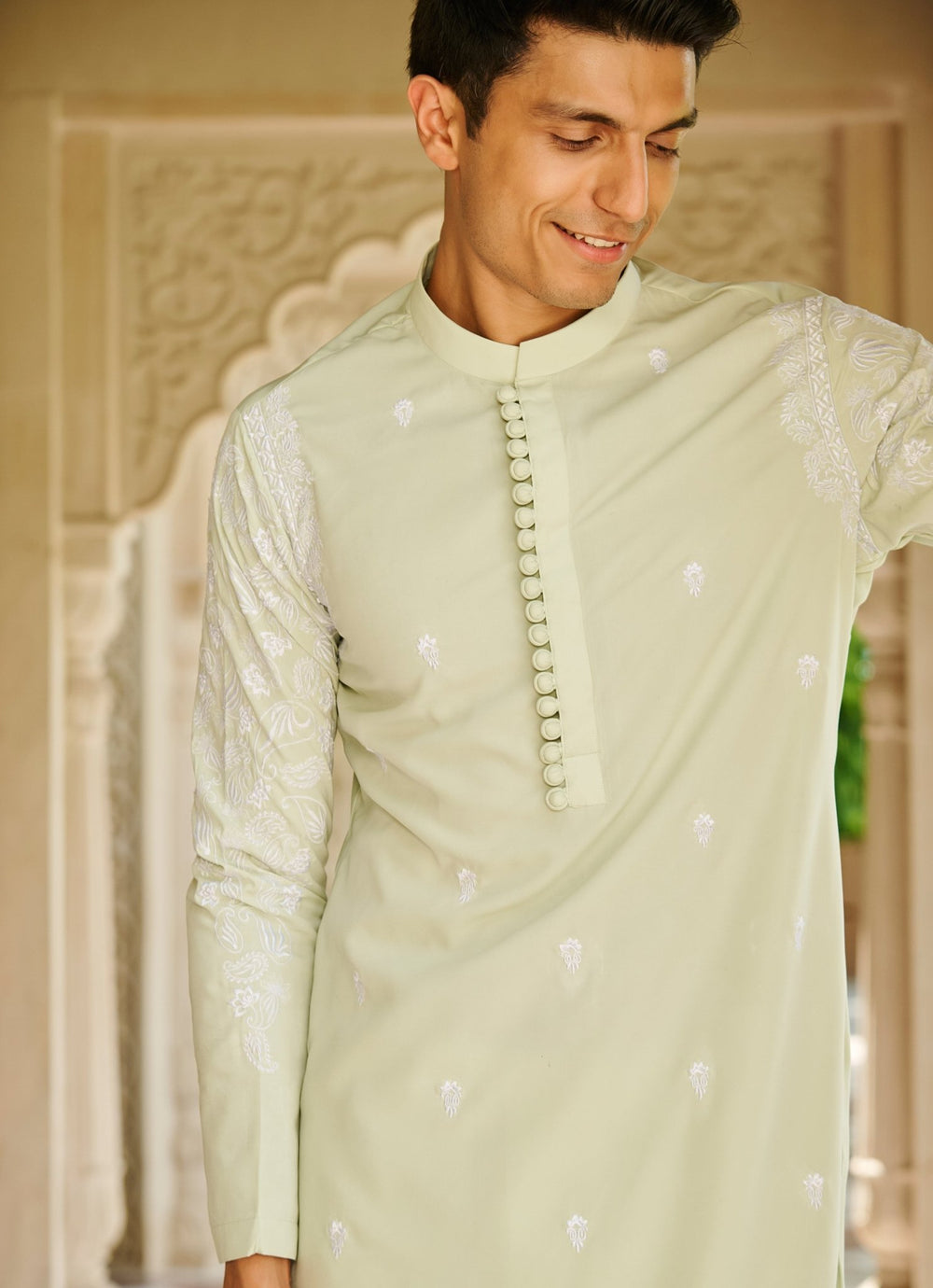 Pastel Green Embroidered Silk Kurta Set Contrast By Parth - Fabilicious Fashion