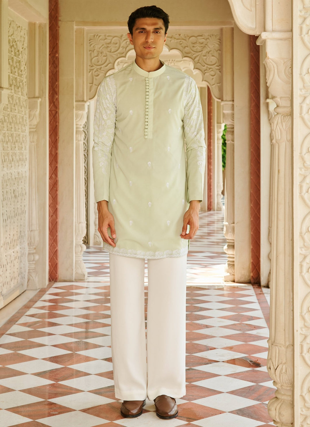 Pastel Green Embroidered Silk Kurta Set Contrast By Parth - Fabilicious Fashion