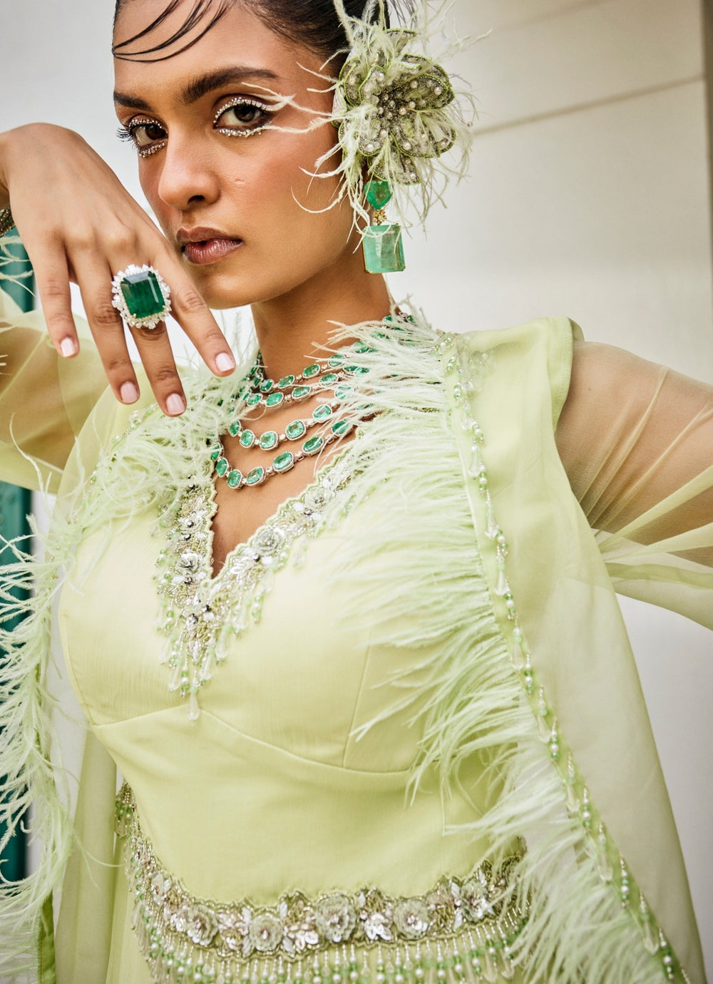 Pastel Green Feathered Chiffon Jumpsuit With Jacket Mani Bhatia - Fabilicious Fashion
