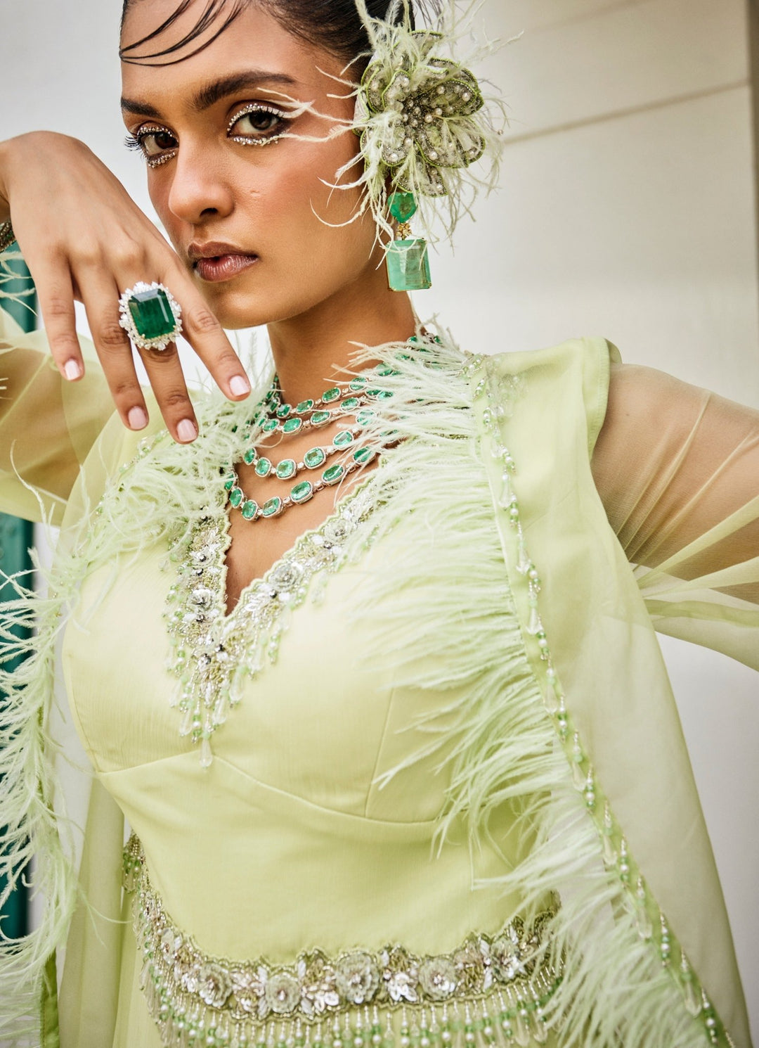 Pastel Green Feathered Chiffon Jumpsuit With Jacket Mani Bhatia - Fabilicious Fashion