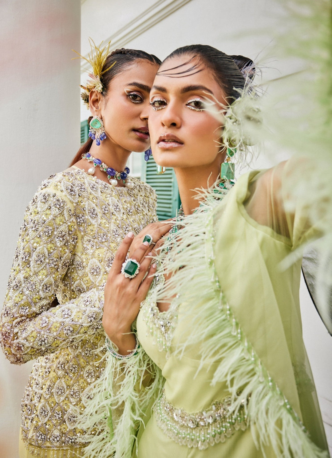 Pastel Green Feathered Chiffon Jumpsuit With Jacket Mani Bhatia - Fabilicious Fashion