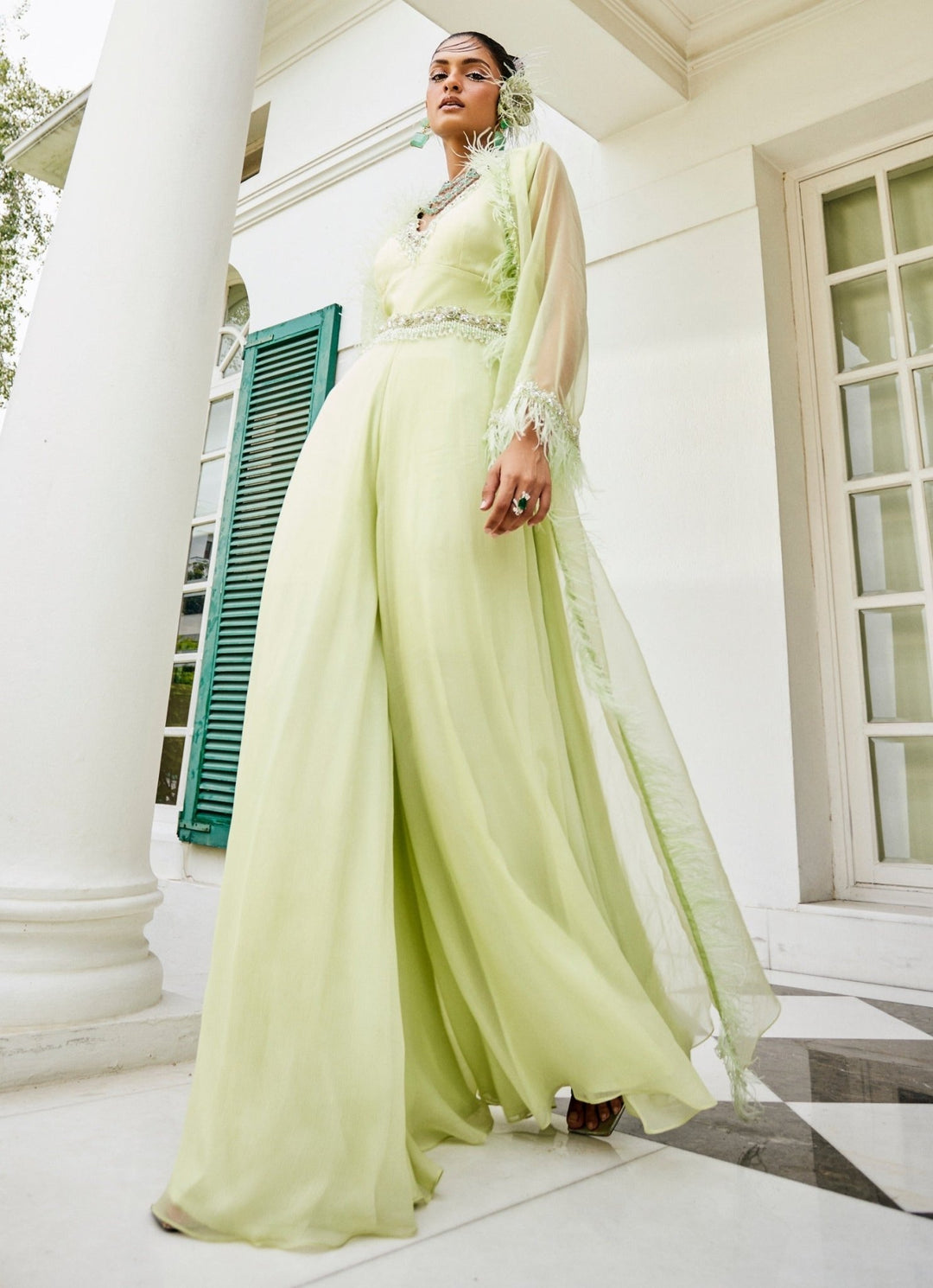 Pastel Green Feathered Chiffon Jumpsuit With Jacket Mani Bhatia - Fabilicious Fashion