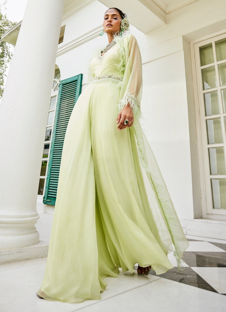 Pastel Green Feathered Chiffon Jumpsuit With Jacket Mani Bhatia - Fabilicious Fashion