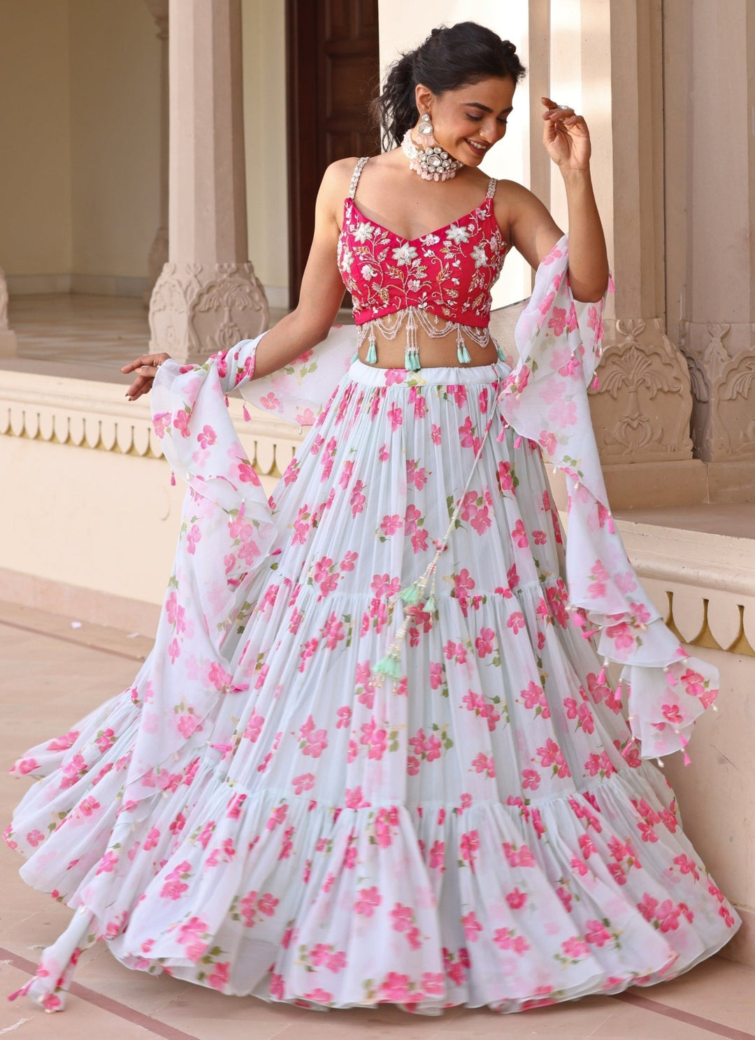 Pastel Green Floral Print Chiffon Lehenga Manisha Soni - Fabilicious Fashion