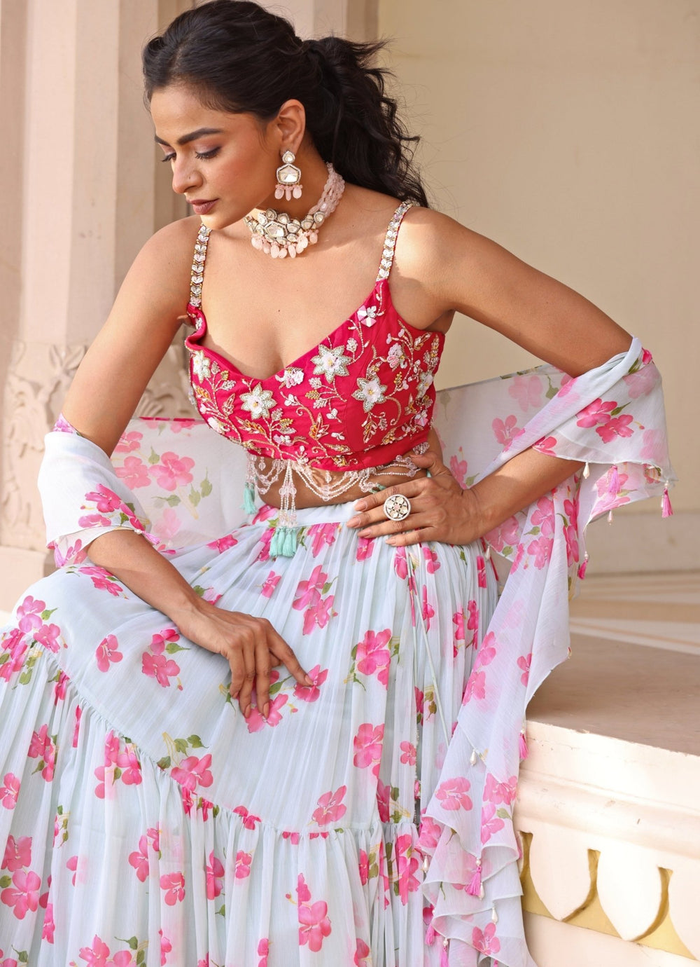 Pastel Green Floral Print Chiffon Lehenga Manisha Soni - Fabilicious Fashion