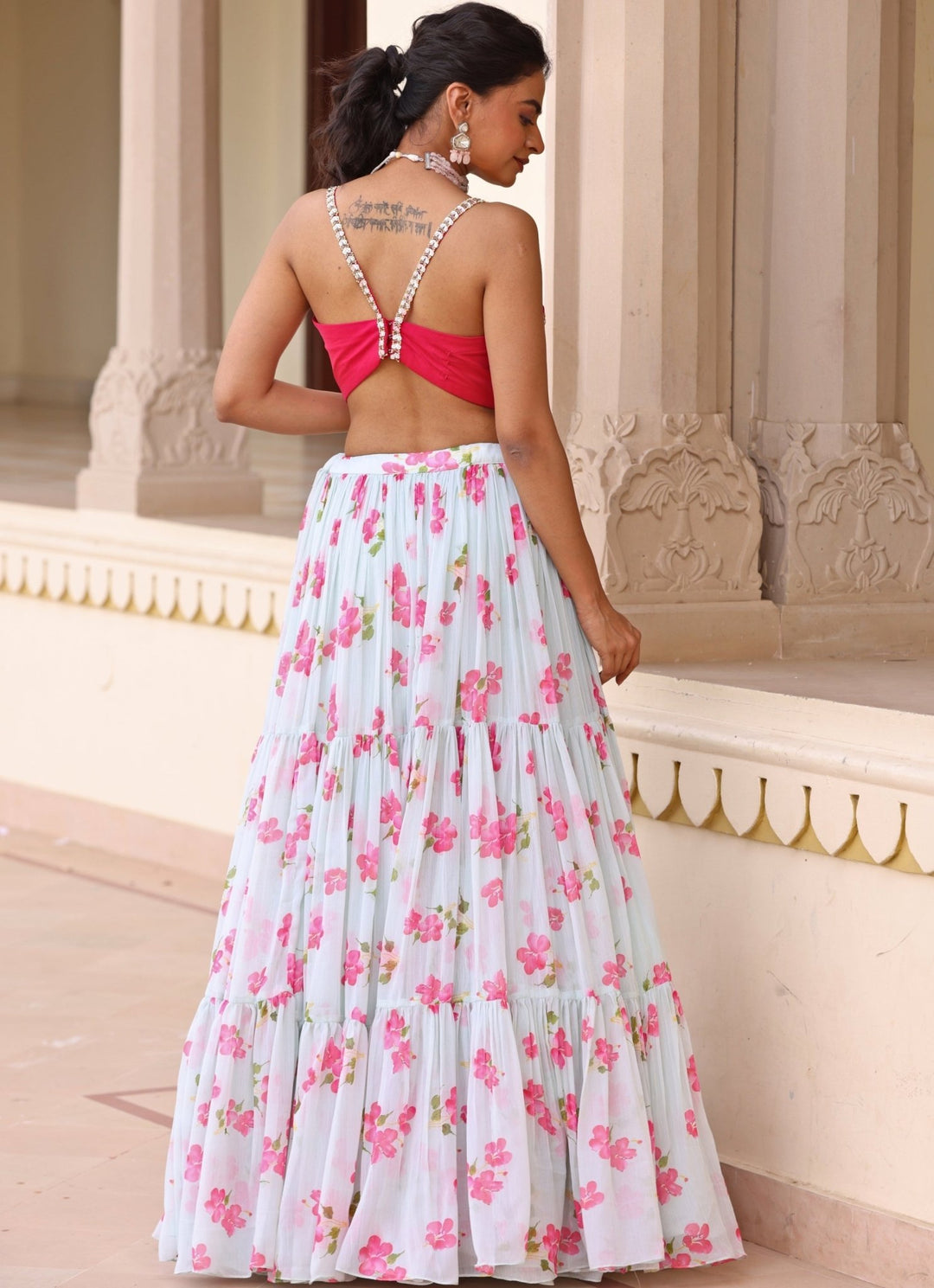 Pastel Green Floral Print Chiffon Lehenga Manisha Soni - Fabilicious Fashion