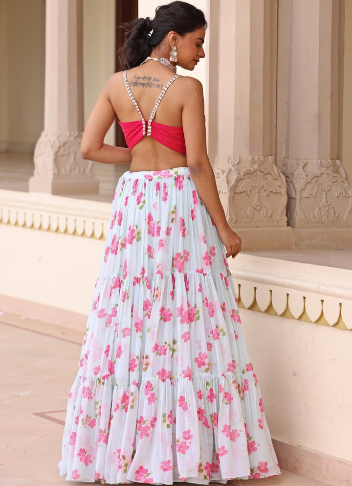 Pastel Green Floral Print Chiffon Lehenga Manisha Soni - Fabilicious Fashion