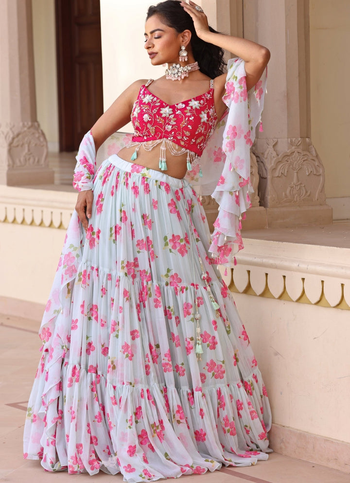 Pastel Green Floral Print Chiffon Lehenga Manisha Soni - Fabilicious Fashion