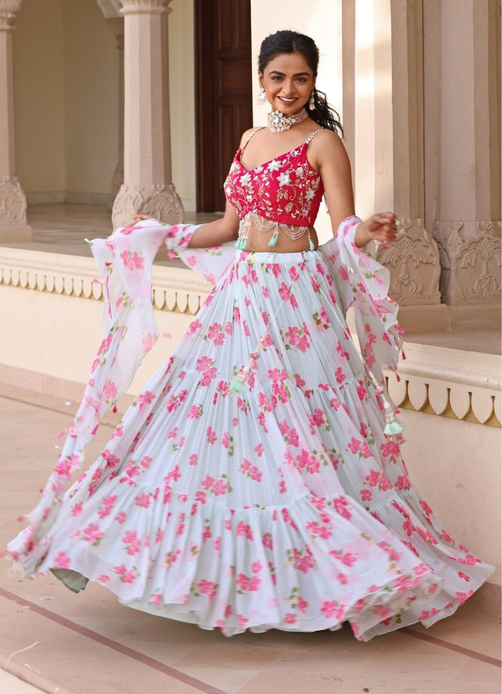 Pastel Green Floral Print Chiffon Lehenga Manisha Soni - Fabilicious Fashion