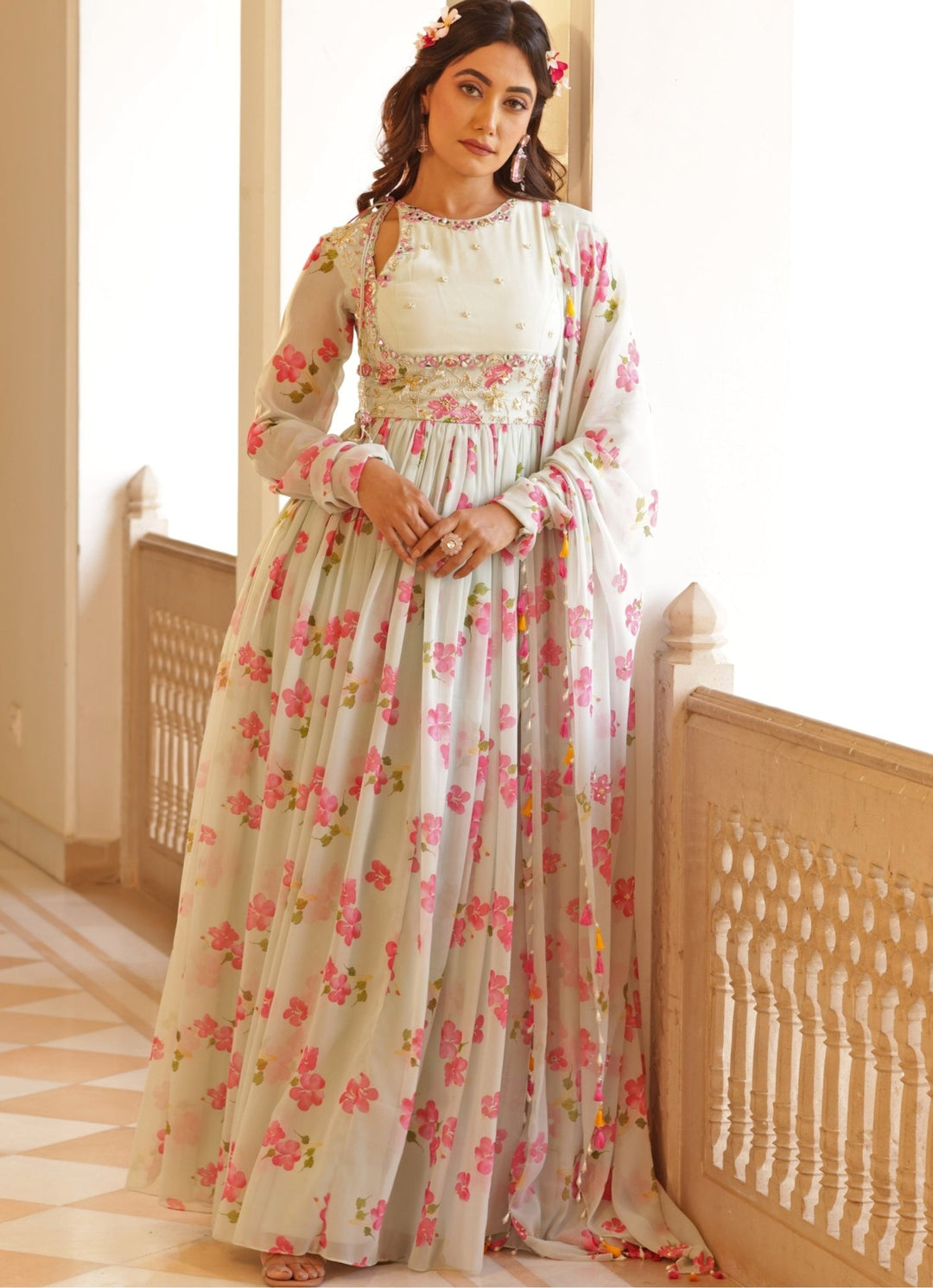Pastel Green Floral Print Georgette Anarkali Manisha Soni - Fabilicious Fashion