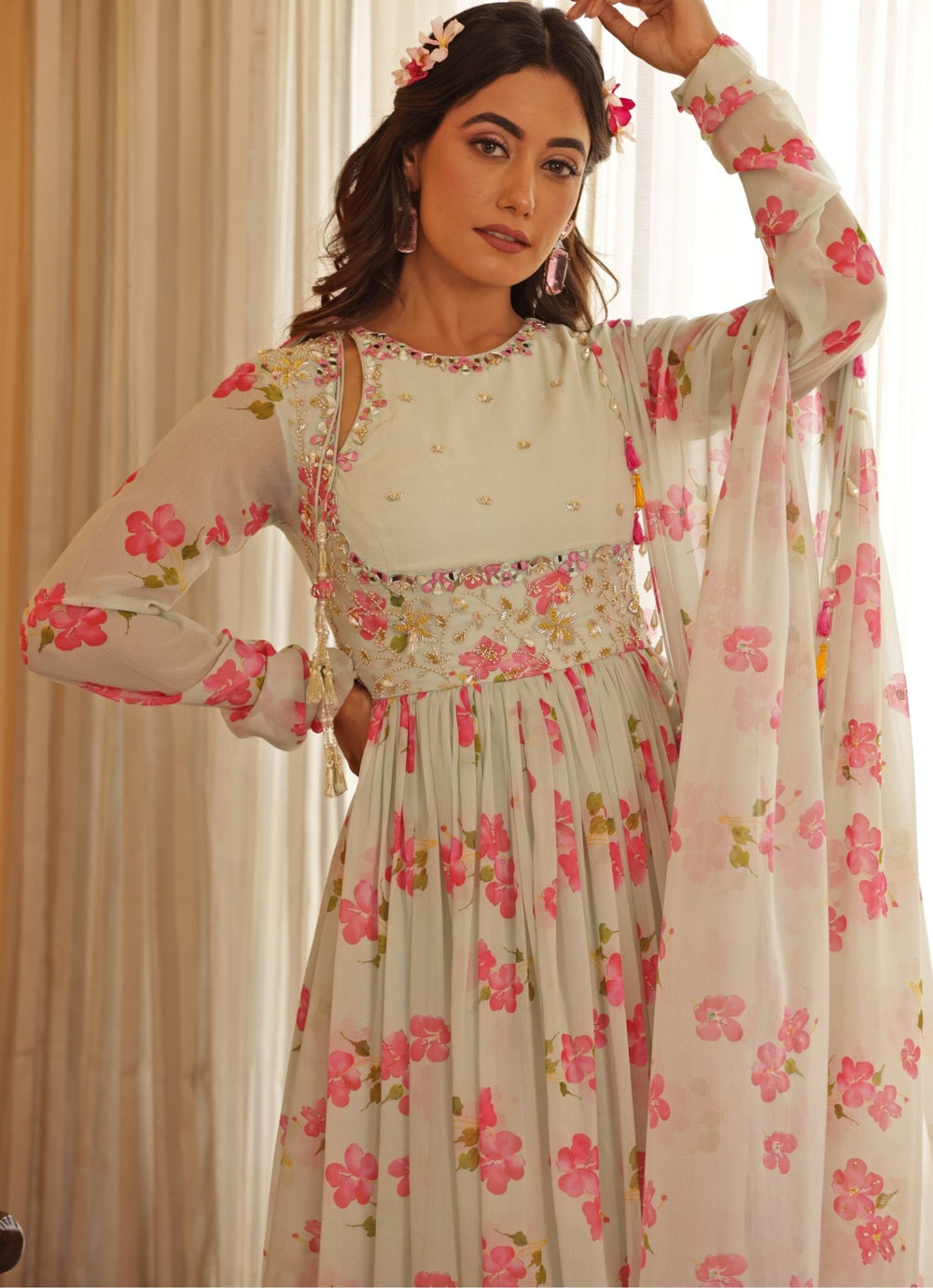 Pastel Green Floral Print Georgette Anarkali Manisha Soni - Fabilicious Fashion