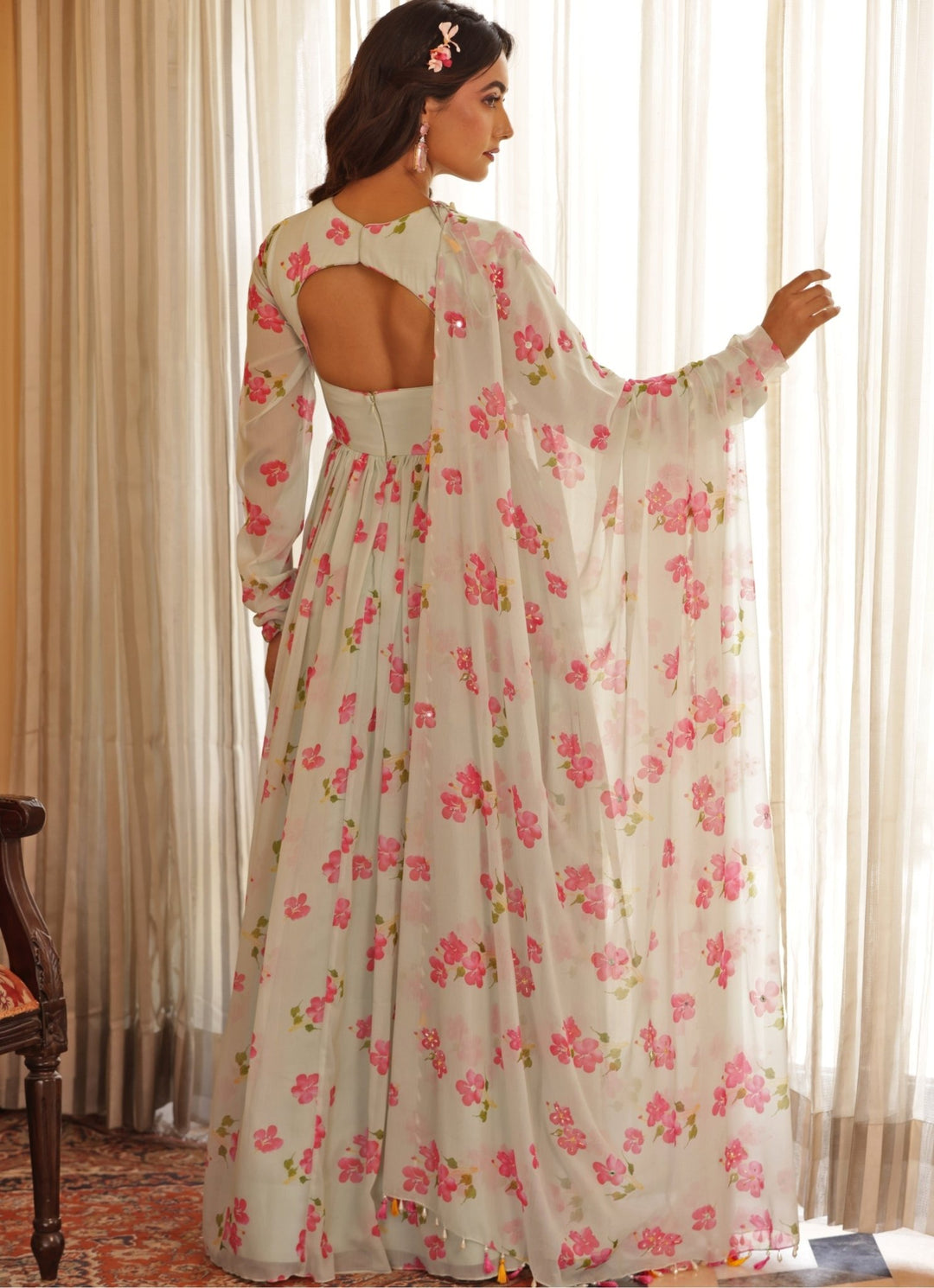 Pastel Green Floral Print Georgette Anarkali Manisha Soni - Fabilicious Fashion