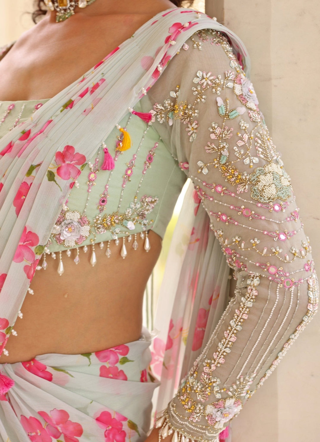 Pastel Green Floral Print Georgette Predraped Saree Set Manisha Soni - Fabilicious Fashion
