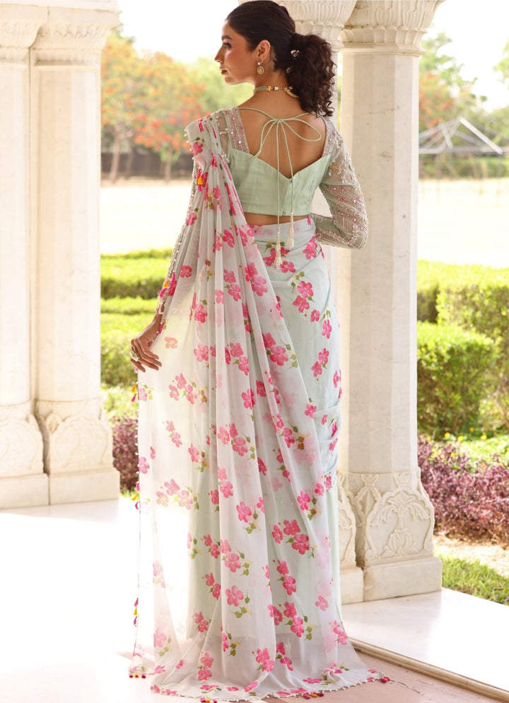 Pastel Green Floral Print Georgette Predraped Saree Set Manisha Soni - Fabilicious Fashion