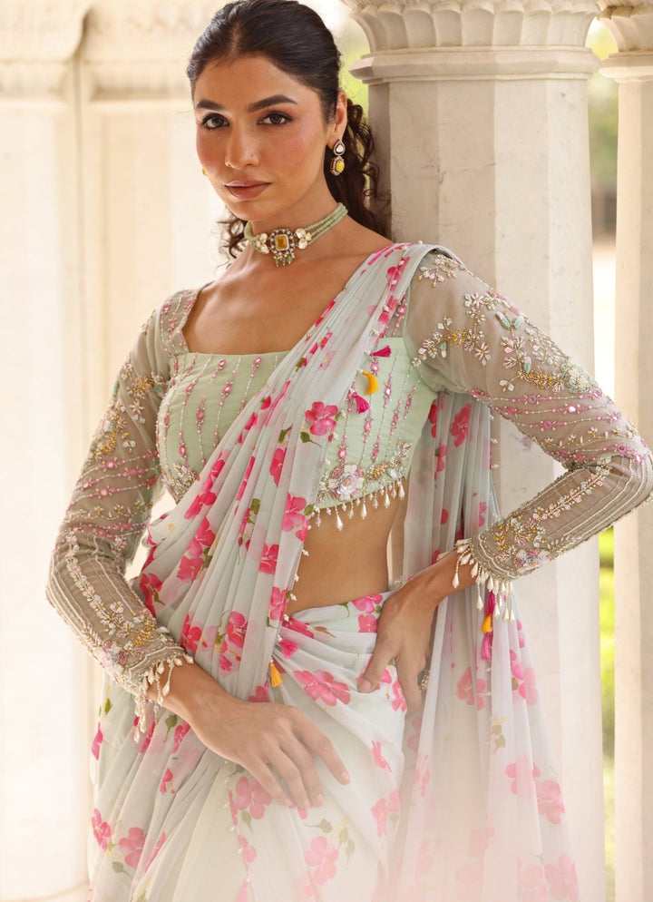 Pastel Green Floral Print Georgette Predraped Saree Set Manisha Soni - Fabilicious Fashion