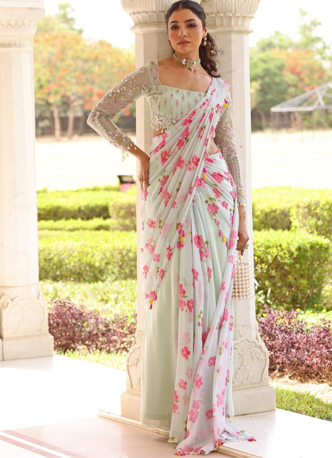Pastel Green Floral Print Georgette Predraped Saree Set Manisha Soni - Fabilicious Fashion