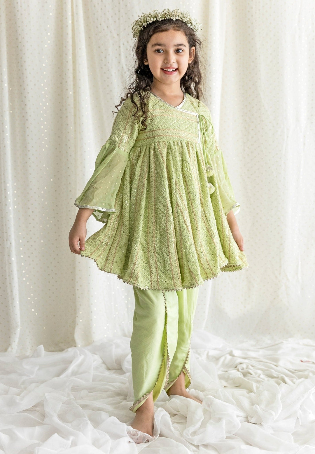 Pastel Green Georgette Chikankari Kurta Dhoti Set Chotibuti - Fabilicious Fashion