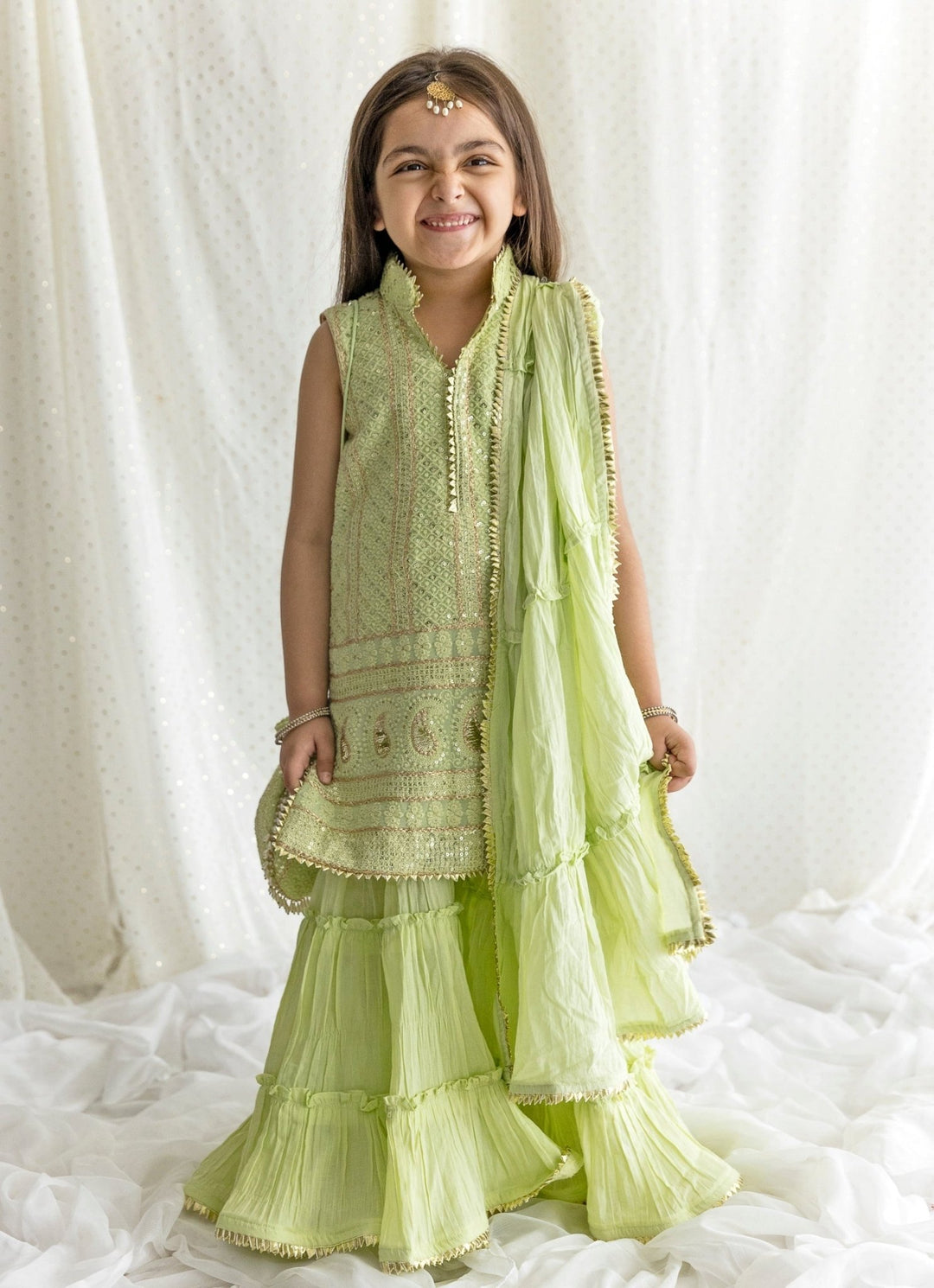 Pastel Green Georgette Chikankari Kurta Sharara Set Chotibuti - Fabilicious Fashion