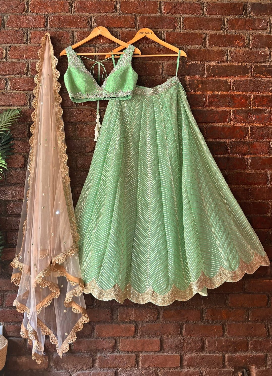 Pastel Green Gota Embroidered Georgette Lehenga Set Priti Sahni - Fabilicious Fashion