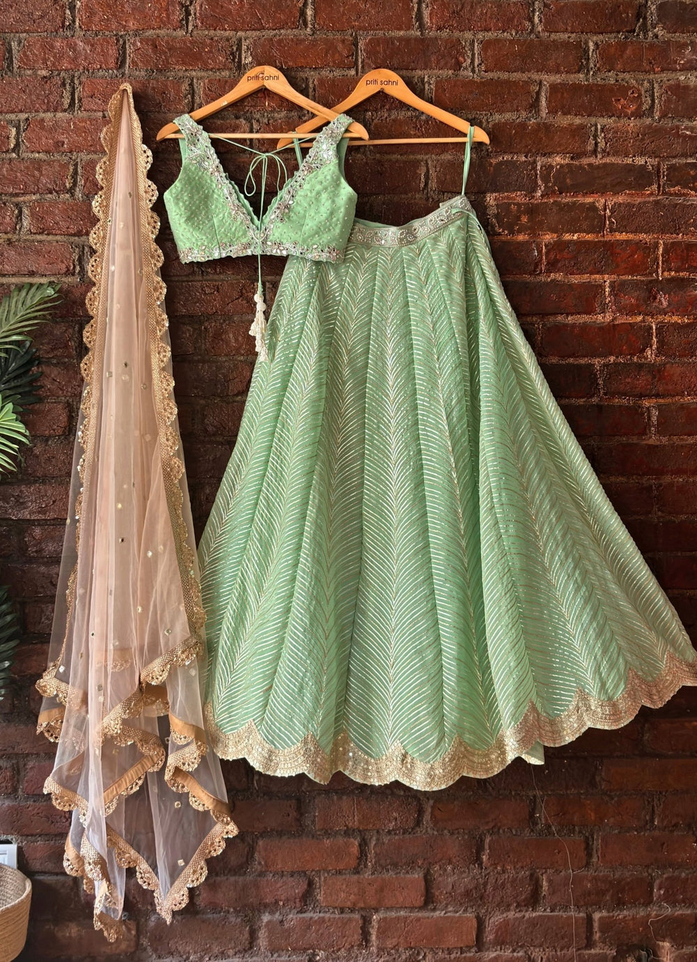 Pastel Green Gota Embroidered Georgette Lehenga Set Priti Sahni - Fabilicious Fashion