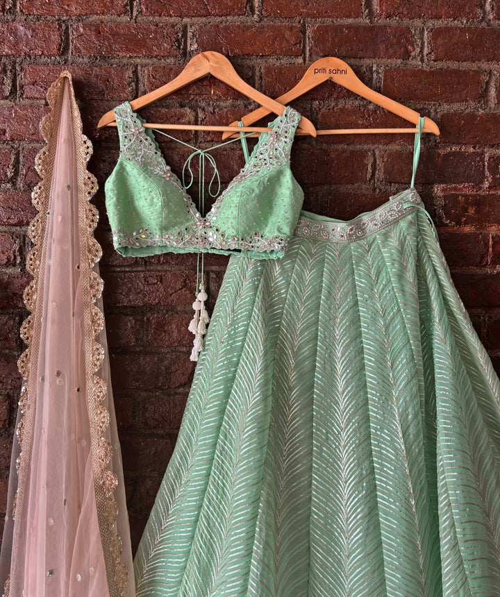 Pastel Green Gota Embroidered Georgette Lehenga Set Priti Sahni - Fabilicious Fashion