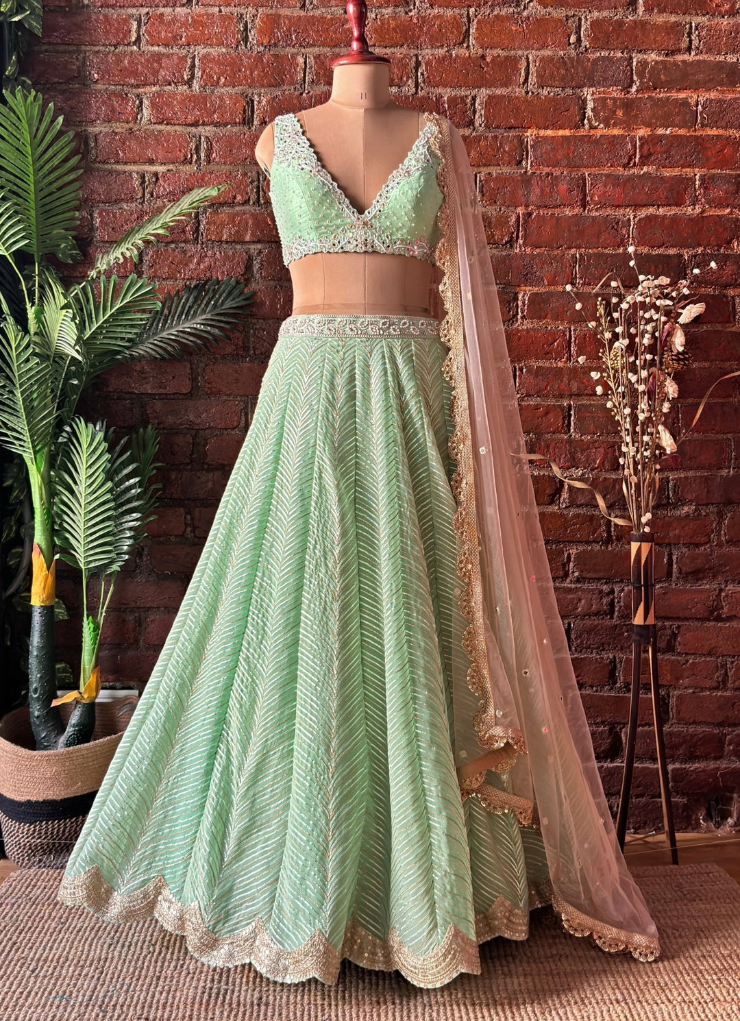 Pastel Green Gota Embroidered Georgette Lehenga Set Priti Sahni - Fabilicious Fashion