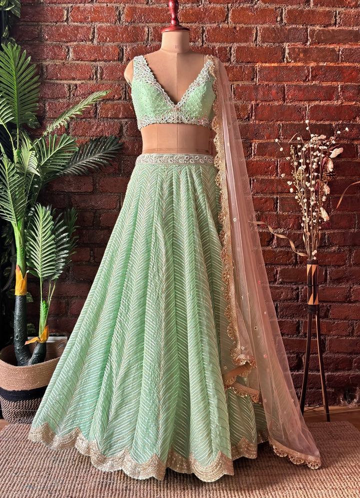 Pastel Green Gota Embroidered Georgette Lehenga Set Priti Sahni - Fabilicious Fashion