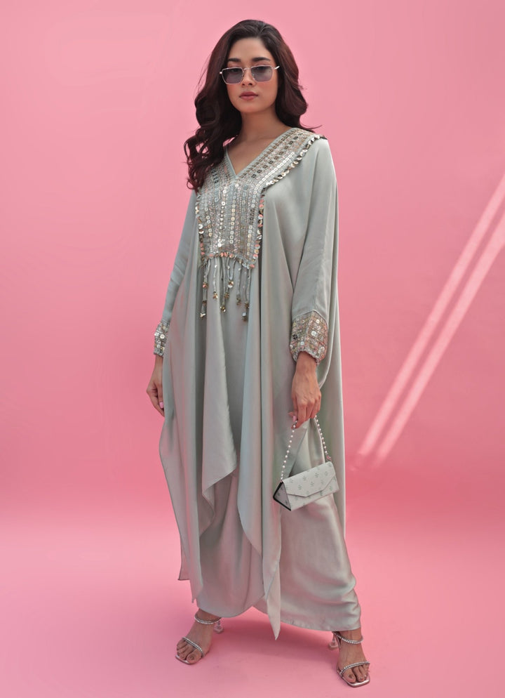 Pastel Green Hand Embroidered Kaftan Skirt Set Prahnaaya - Fabilicious Fashion