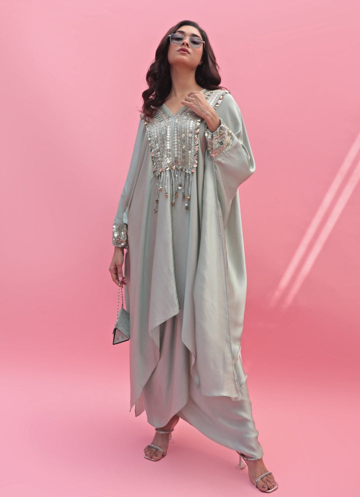 Pastel Green Hand Embroidered Kaftan Skirt Set Prahnaaya - Fabilicious Fashion