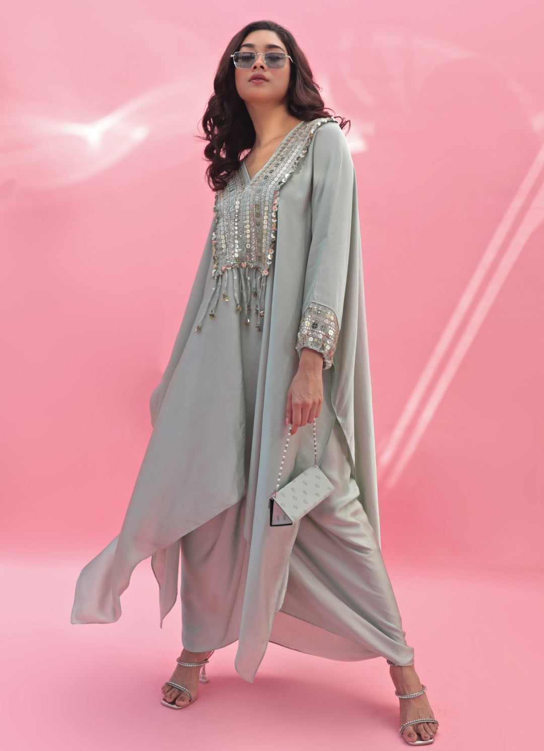 Pastel Green Hand Embroidered Kaftan Skirt Set Prahnaaya - Fabilicious Fashion