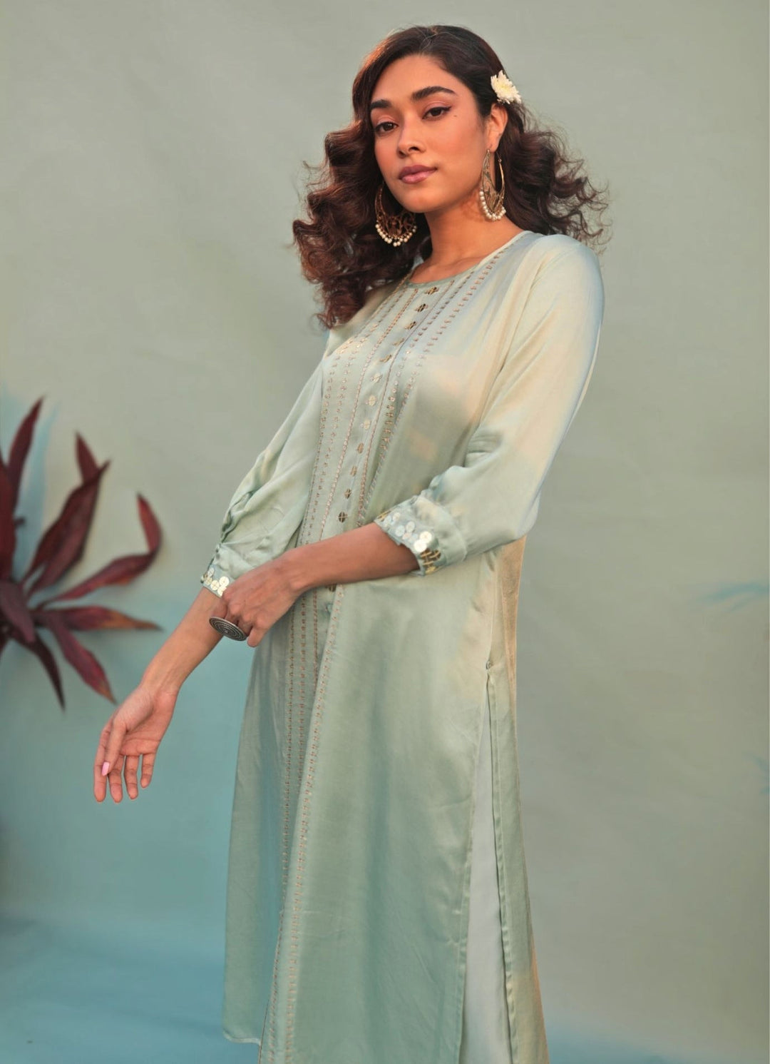 Pastel Green Hand - Embroidered Kurta Pant Set Prahnaaya - Fabilicious Fashion