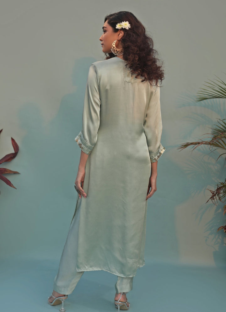 Pastel Green Hand - Embroidered Kurta Pant Set Prahnaaya - Fabilicious Fashion