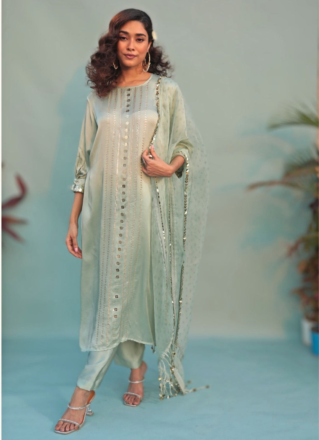 Pastel Green Hand - Embroidered Kurta Pant Set Prahnaaya - Fabilicious Fashion