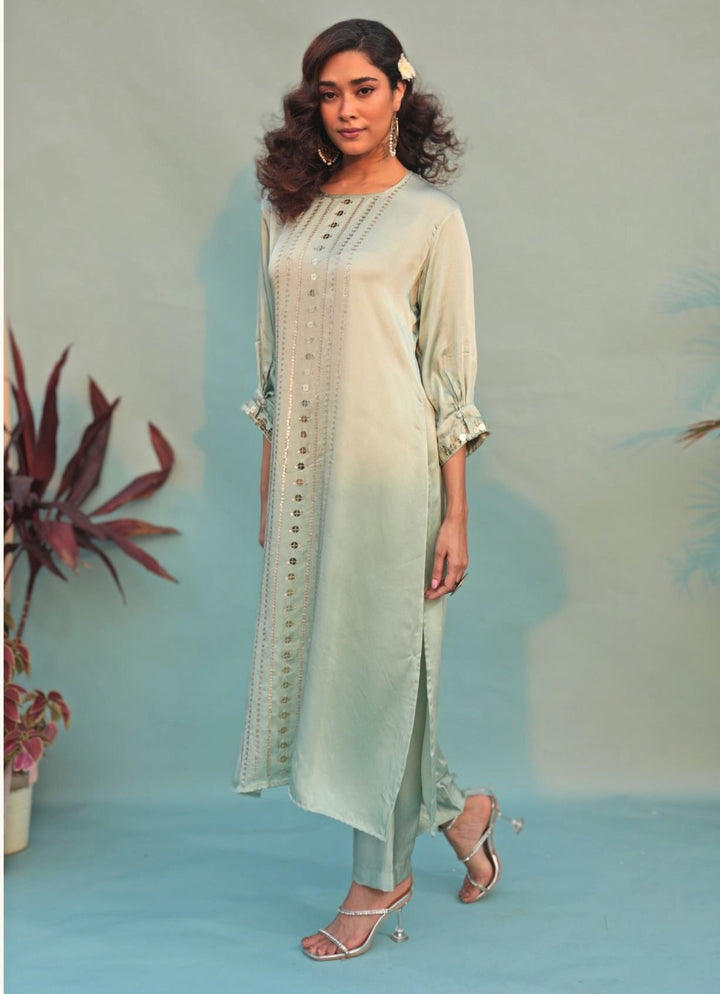 Pastel Green Hand - Embroidered Kurta Set Prahnaaya - Fabilicious Fashion