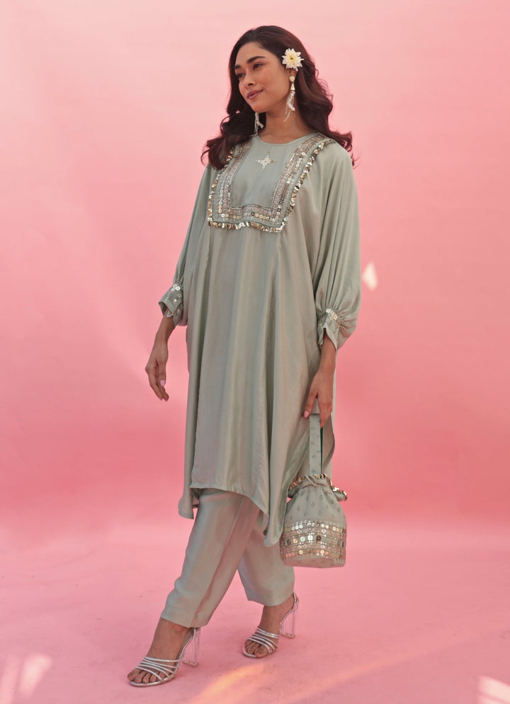 Pastel Green Hand Embroidered Satin Kurta Pant Set Prahnaaya - Fabilicious Fashion
