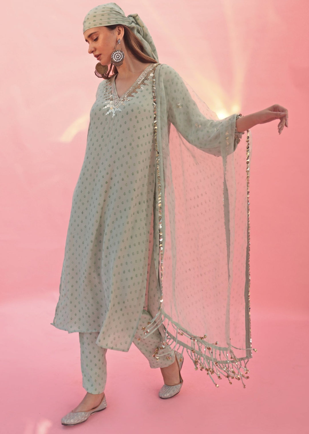 Pastel Green Hand Embroidered Satin Kurta Pant Set Prahnaaya - Fabilicious Fashion