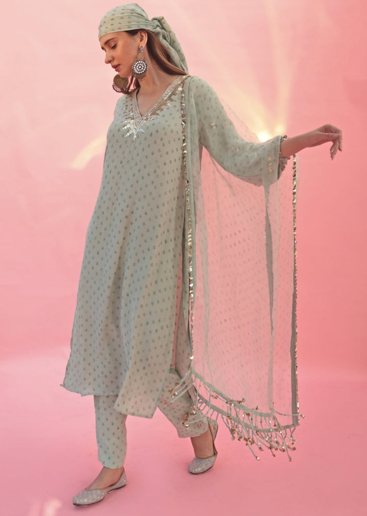 Pastel Green Hand Embroidered Satin Kurta Pant Set Prahnaaya - Fabilicious Fashion