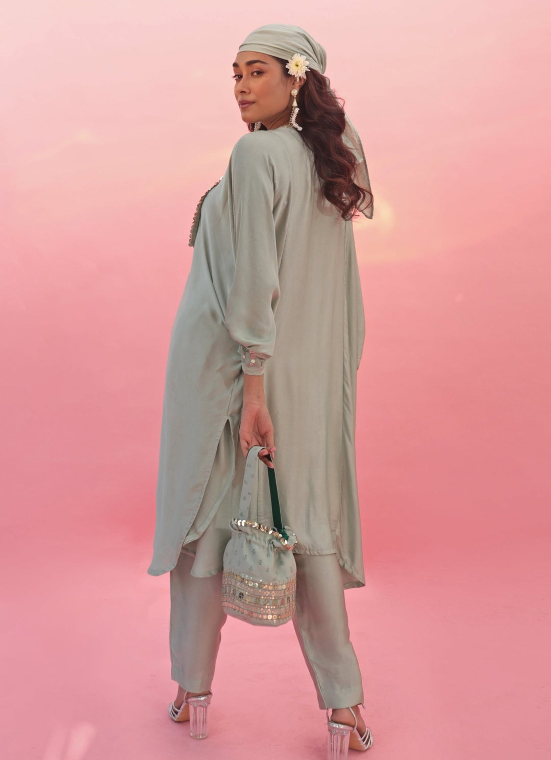 Pastel Green Hand Embroidered Satin Kurta Pant Set Prahnaaya - Fabilicious Fashion