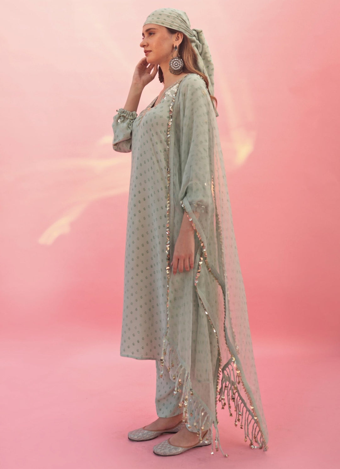 Pastel Green Hand Embroidered Satin Kurta Pant Set Prahnaaya - Fabilicious Fashion