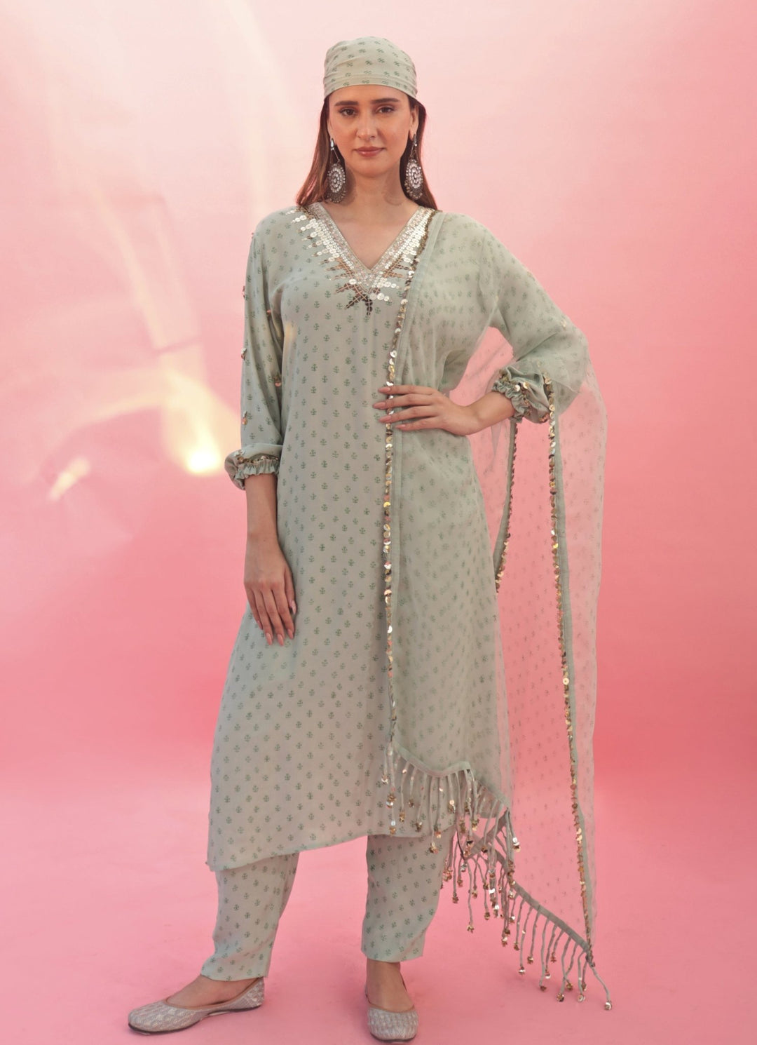Pastel Green Hand Embroidered Satin Kurta Pant Set Prahnaaya - Fabilicious Fashion