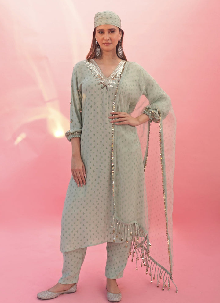 Pastel Green Hand Embroidered Satin Kurta Pant Set Prahnaaya - Fabilicious Fashion