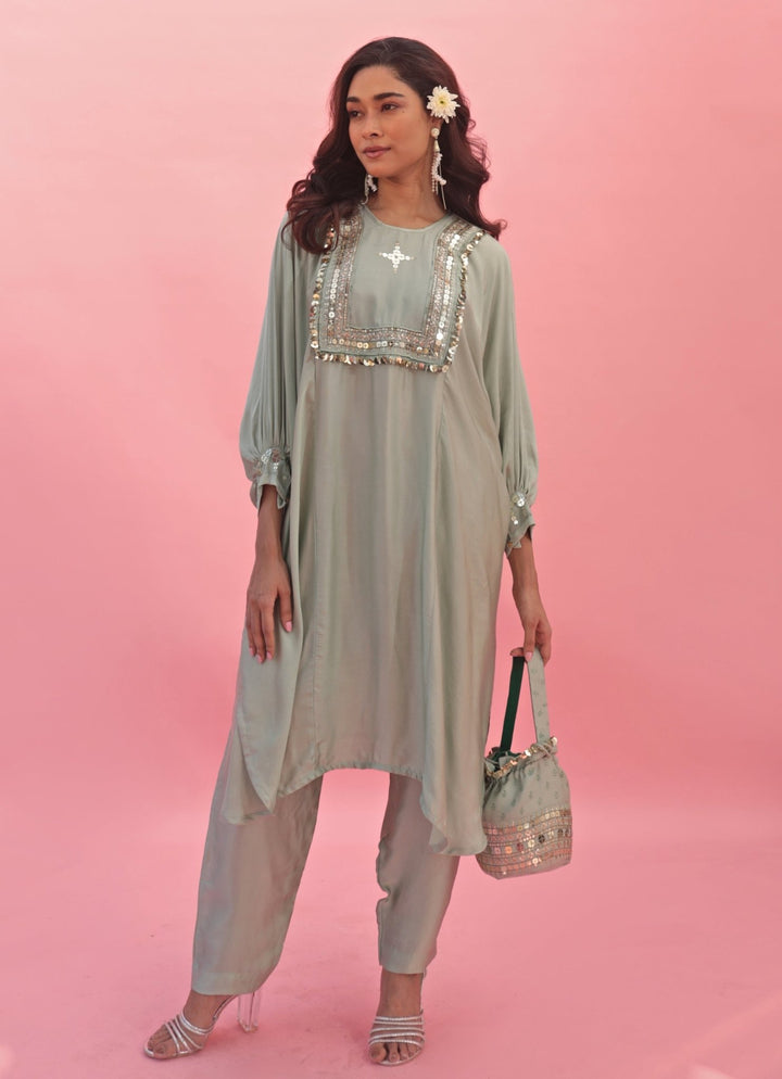 Pastel Green Hand Embroidered Satin Kurta Pant Set Prahnaaya - Fabilicious Fashion