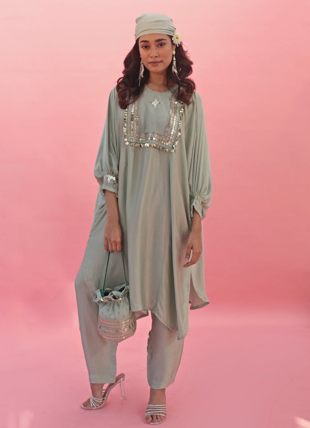 Pastel Green Hand Embroidered Satin Kurta Pant Set Prahnaaya - Fabilicious Fashion