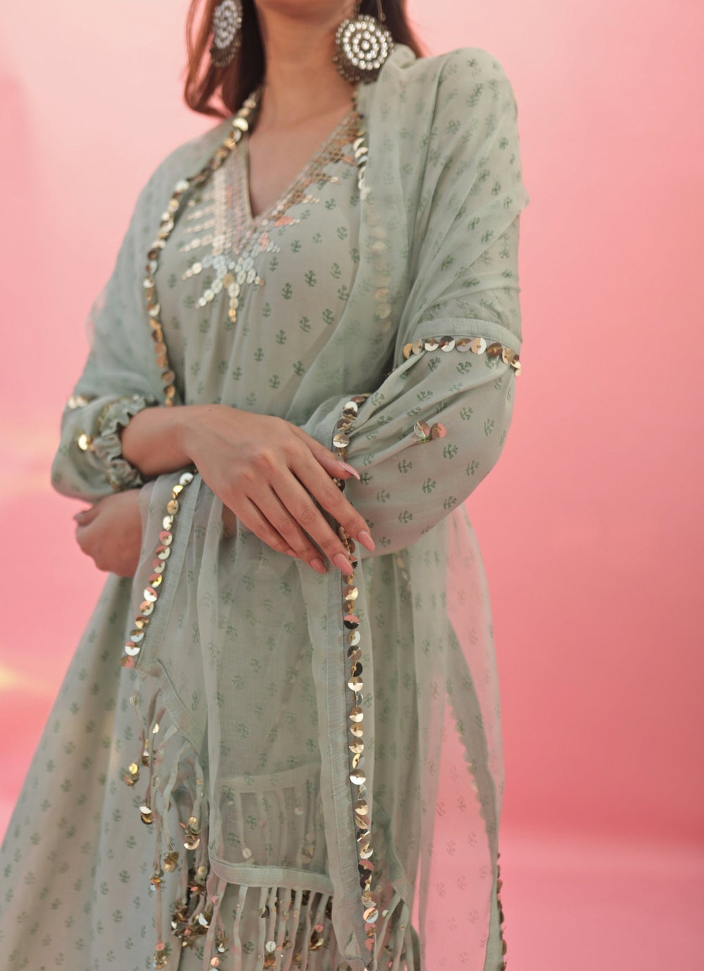 Pastel Green Hand Embroidered Satin Kurta Pant Set Prahnaaya - Fabilicious Fashion