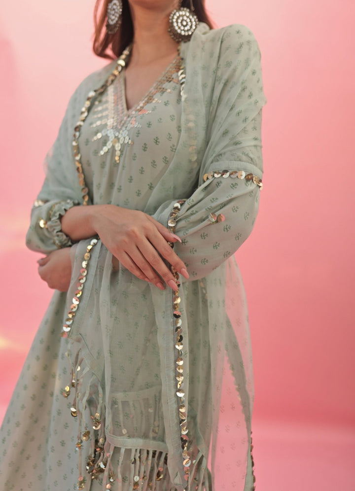 Pastel Green Hand Embroidered Satin Kurta Pant Set Prahnaaya - Fabilicious Fashion